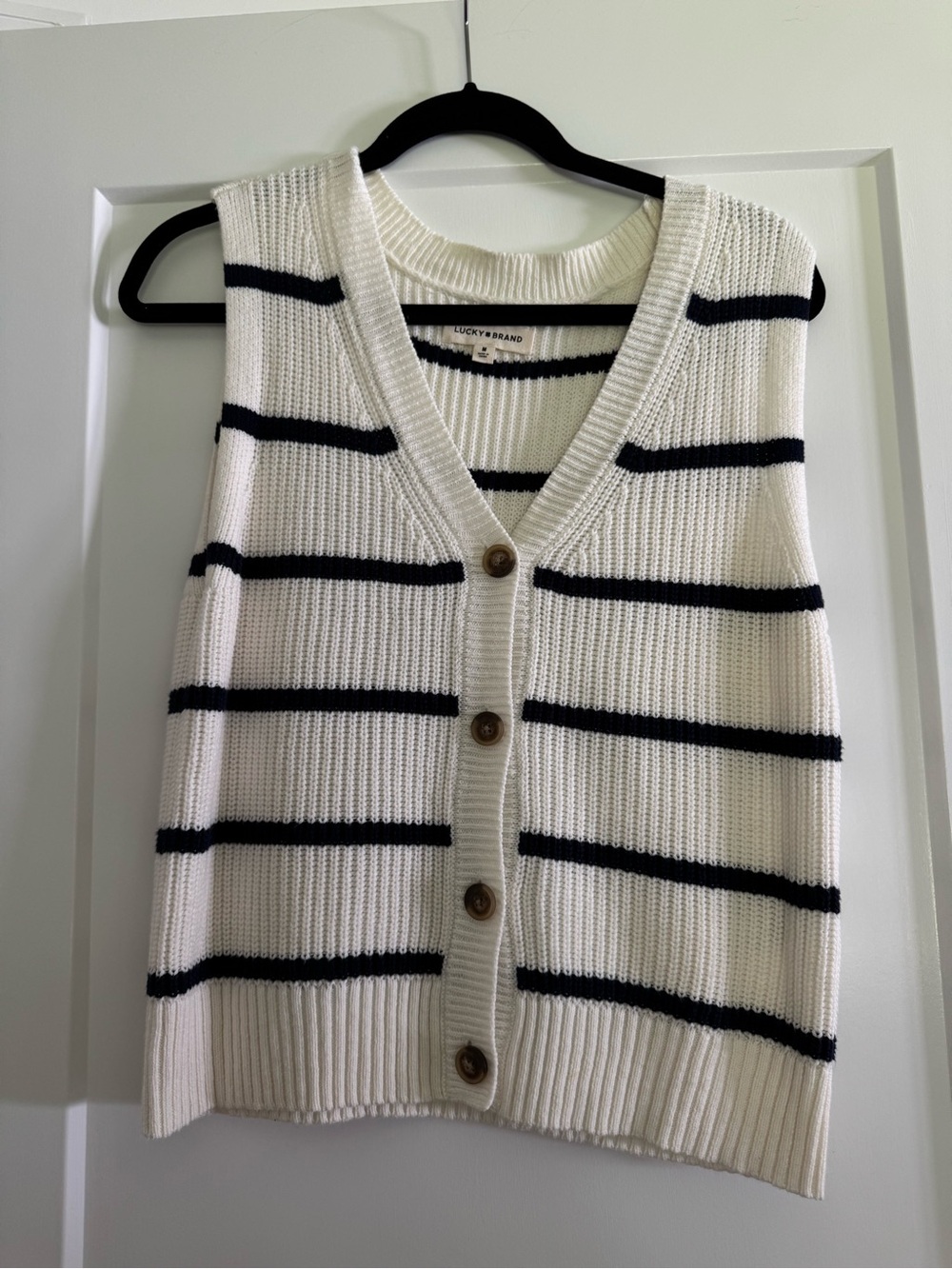 Lucky Brand Cream and Black Striped V-Neck Button Front Sweater Vest